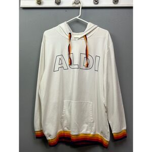 Aldi Gear Hoodie Unisex XL White Rainbow Stripe Logo‎ Pullover Sweatshirt 15899